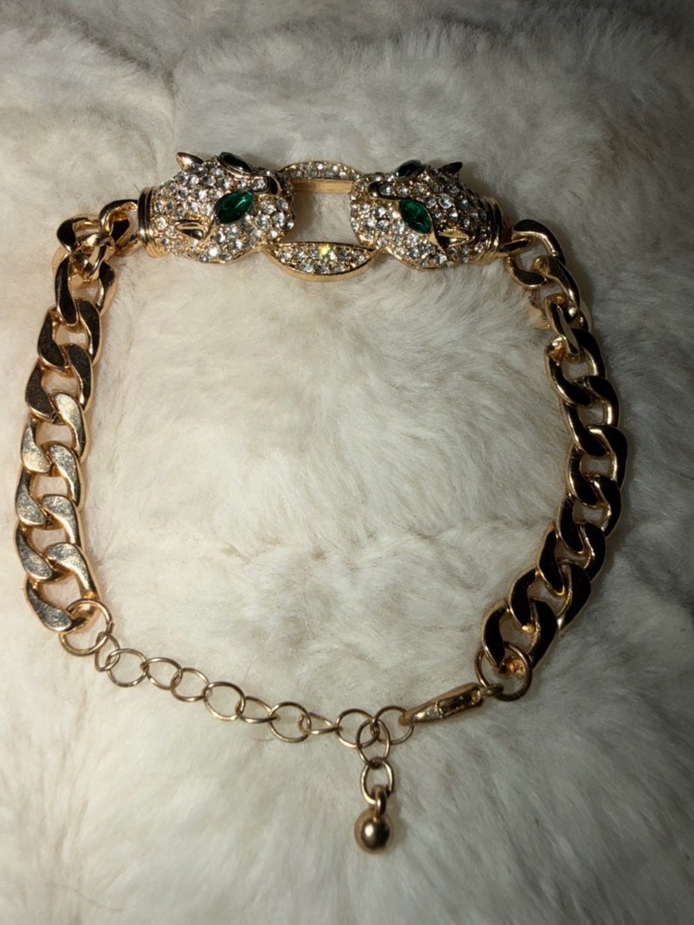 Gold-Tone Leopard Head Chain Bracelet with Green Crystal Eyes